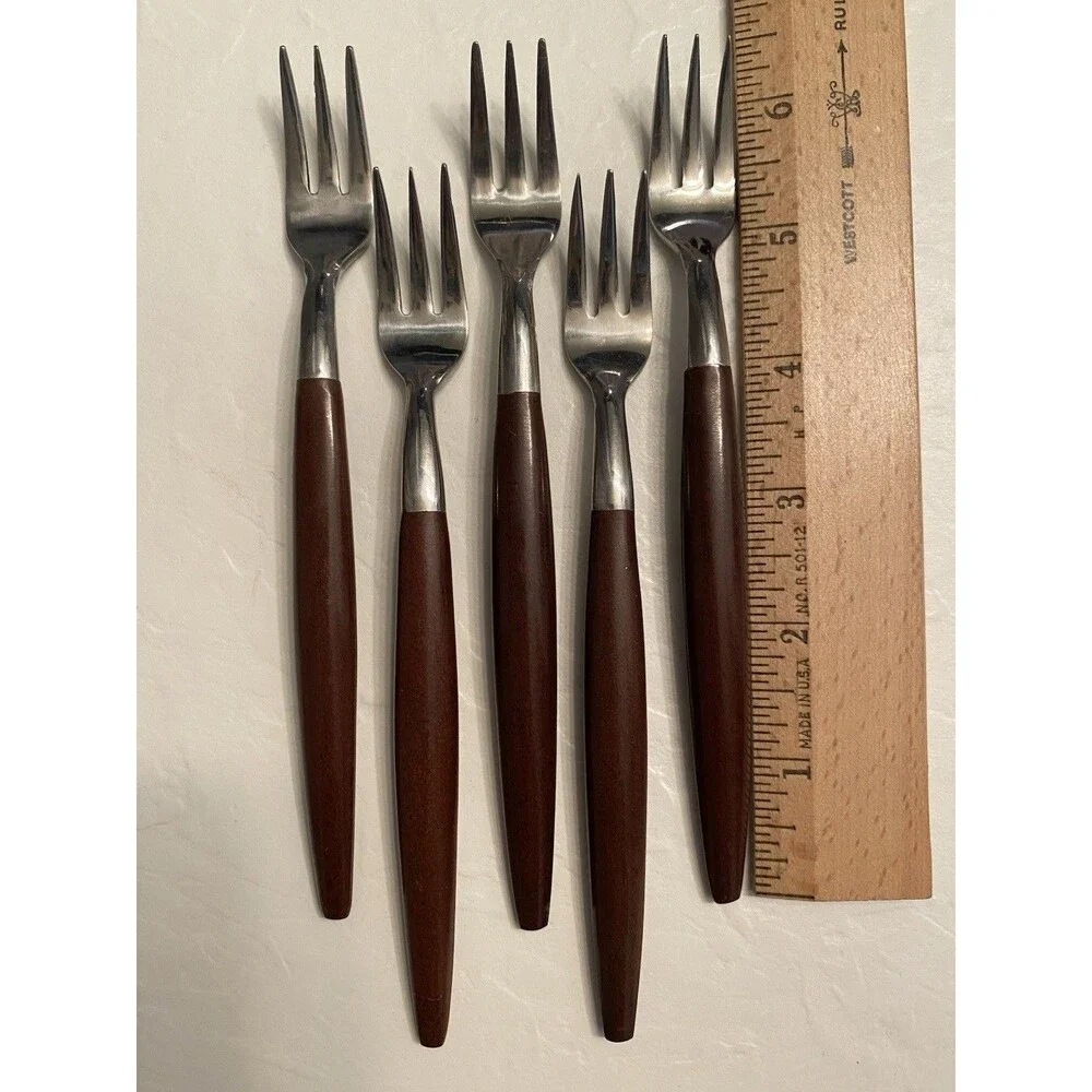 5) MCM AMERICAN TEMPO Oyster Forks Stainless Wood Handle Silverware Flatware